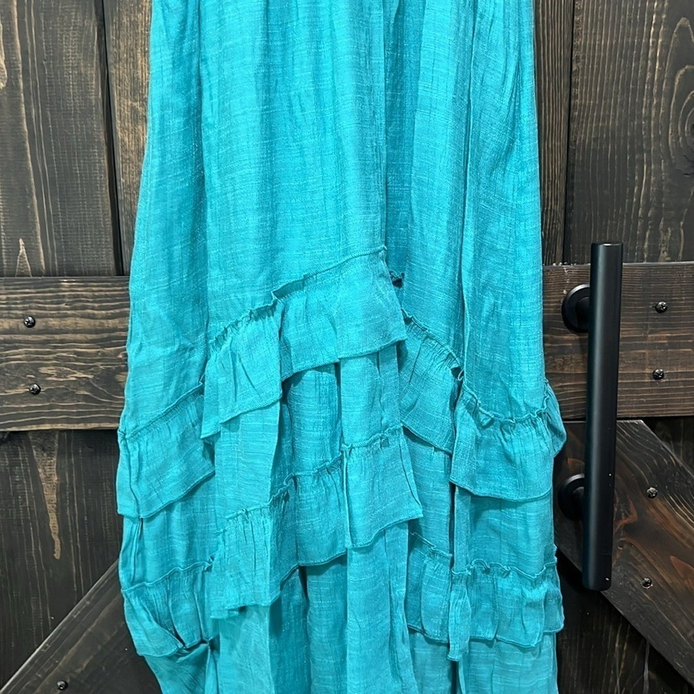 J Gee Maxi Dress S Teal Green‎ Blue Tiered Ruffle Boho Smocked Flutter Lace Trim - Picture 11 of 14